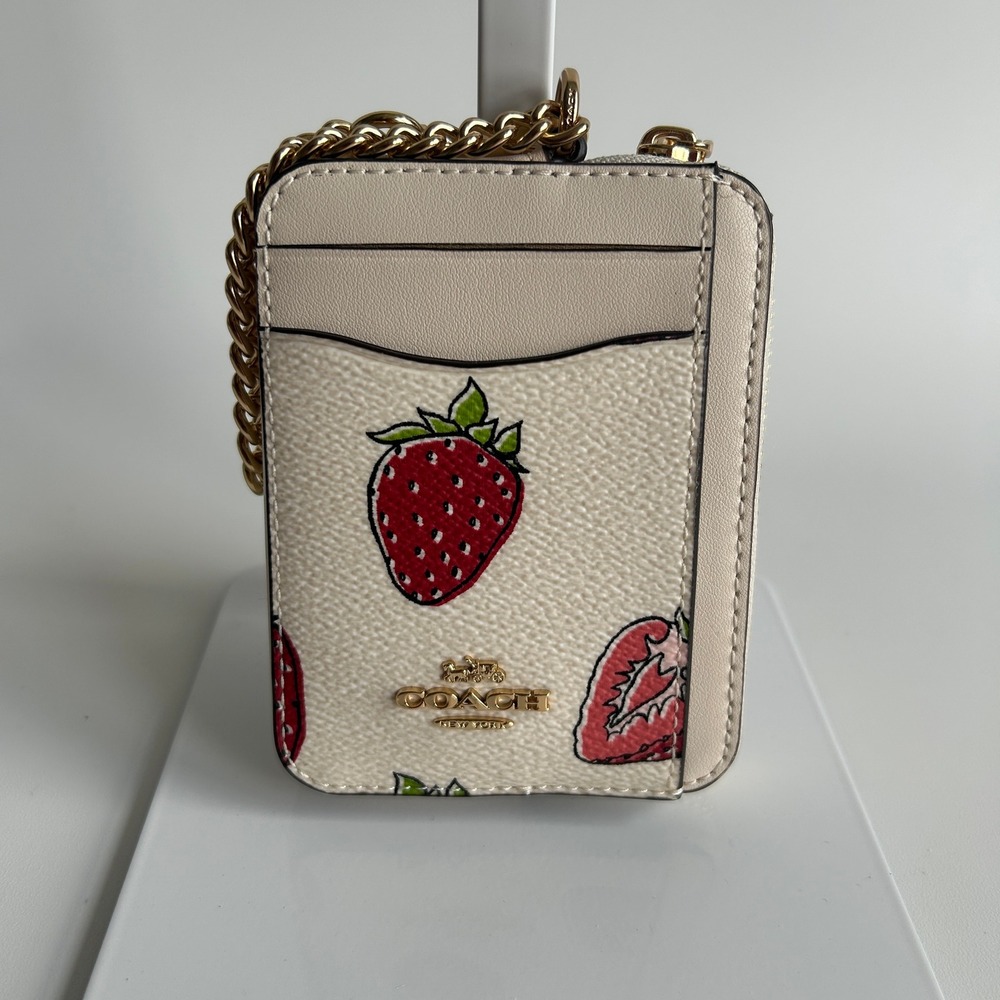 Coach Zip Card Case Strawberry Print Chalk Multi Canvas Wallet CAR32